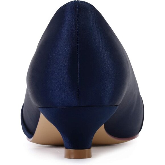 🆕Women's Navy Closed Toe Comfort Kitten Heels Rhinestones Satin Wedding - Picture 6 of 7